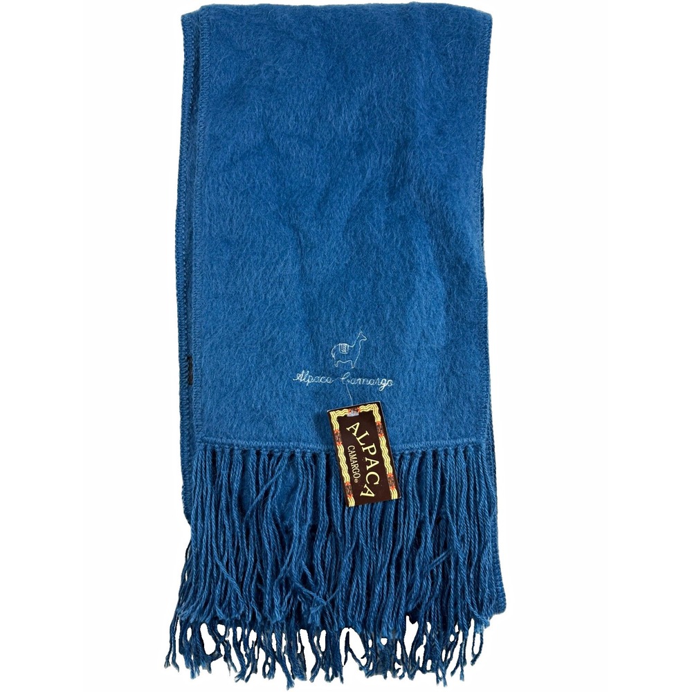Alpaca Camargo Scarf Blue 30% Alpaca Fringe Embroidered Llama NWT